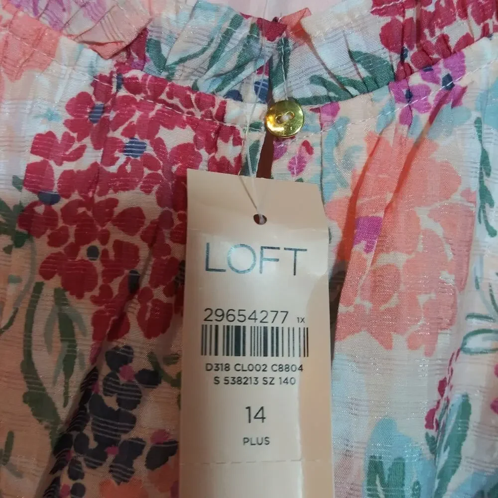 LOFT Plus Floral Ruffle Flounce Dress Pink Champagne Size 14 - Picture 6 of 10